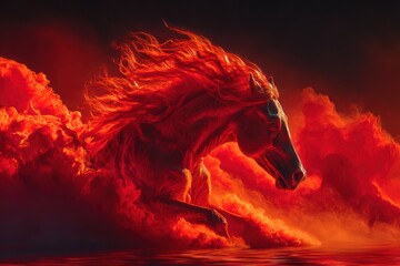 Red horse leaps through fiery clouds to celebrate Chinese New Year 2026, embodying spirit and energy of the upcoming festivities