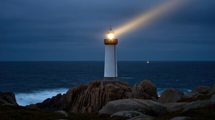 oceanic dramatic lighthouse, a cinematic wide shot of a lighthouse on a rocky outcrop during a storm, its bright beam guiding a distant sailboat