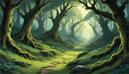 Enchanting forest landscape vector illustration featuring a winding dirt path leading through ancient mossy trees with sunlight filtering through the canopy, designed in an atmospheric comic book art  © laurence