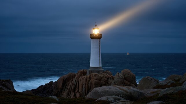 oceanic dramatic lighthouse, a cinematic wide shot of a lighthouse on a rocky outcrop during a storm, its bright beam guiding a distant sailboat - Powered by Adobe