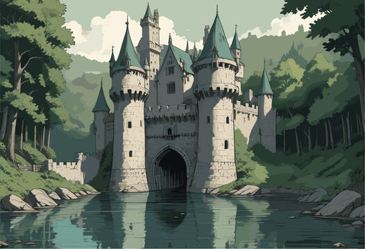 Majestic medieval stone castle vector illustration featuring tall turrets with teal roofs, a large arched entrance, and a reflective river moat surrounded by lush green forest