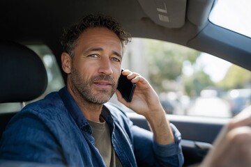 Man talking on smartphone in car