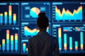 Image of a female analyst presenting in front of a massive interactive financial business analytics data dashboard, surrounded by vibrant graphs and charts.