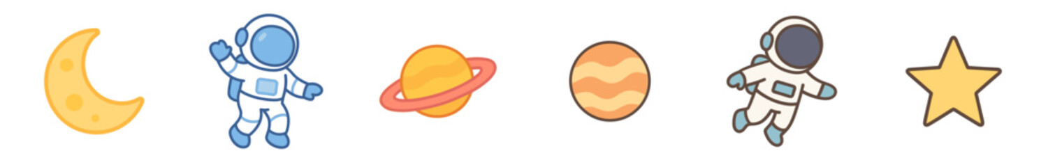 Six cute cartoon space-themed illustrations featuring a crescent moon, two astronauts, a ringed planet, a striped planet, and a five-pointed star, rendered in a simple, playful vector style