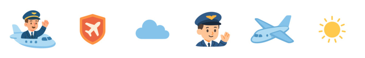 Collection of flat design aviation and weather icons, including pilots, airplanes, a safety shield, cloud, and sun, presented in a cheerful and simple graphic style
