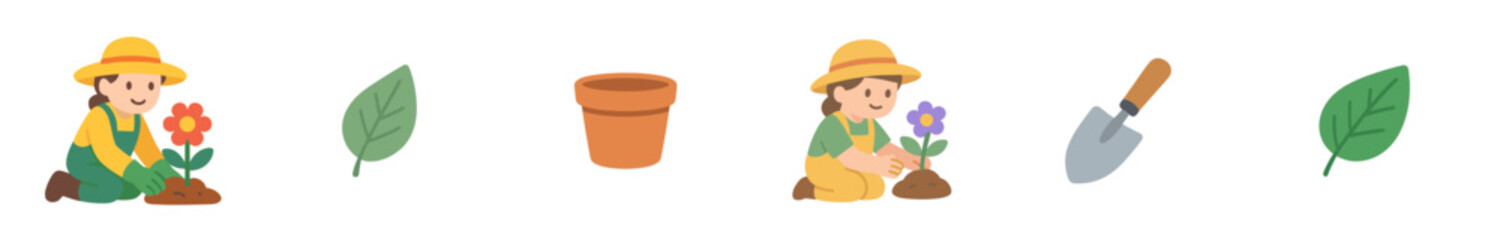 Gardening elements collection featuring happy people planting colorful flowers, a terracotta pot, a small shovel, and green leaves, depicted in a cheerful flat illustration style