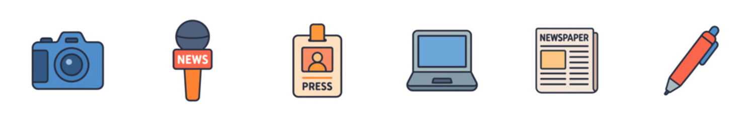 Collection of colorful flat journalism icons including a camera, microphone, press badge, laptop, newspaper, and pen, representing communication and reporting tools in a modern vector style
