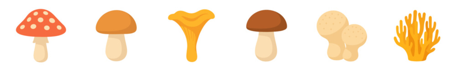 Obraz premium Six colorful cartoon mushrooms and fungi varieties are depicted in a charming, flat illustration style, showcasing diverse shapes and earthy tones