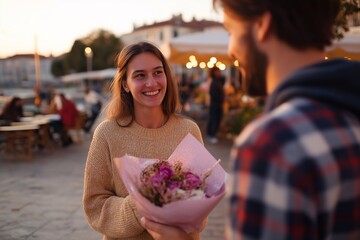 Couple sharing flowers during sunset