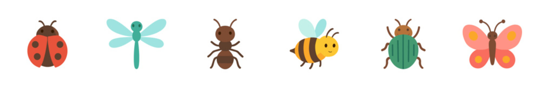 Collection of six colorful cartoon insect illustrations, including a ladybug, dragonfly, ant, bee, beetle, and butterfly, presented in a cheerful flat design style