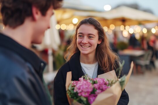 Young woman smiling with flowers outdoors - Powered by Adobe
