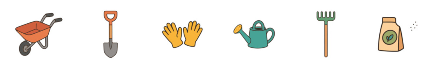 Collection of colorful hand-drawn gardening tools and supplies including a wheelbarrow, shovel, gloves, watering can, rake, and fertilizer bag, presented in a playful, simple illustration style