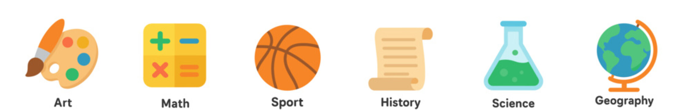 Six colorful educational subject icons are neatly arranged in a row, featuring symbols for art, math, sport, history, science, and geography in a modern flat graphic style