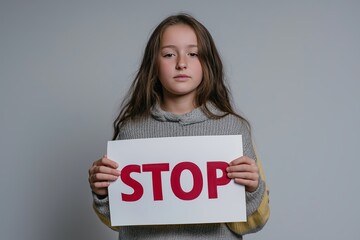 Young girl holding stop sign indoors