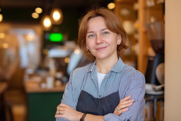 Confident barista posing in cozy coffee shop