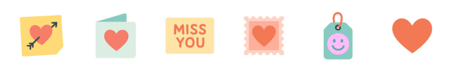 This charming collection of flat design love icons features a heart with an arrow, a greeting card, a 'Miss You' note, a postage stamp, a smiley face tag, and a heart, all in a soft pastel style