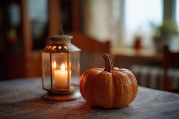 Autumn pumpkin with candle lantern