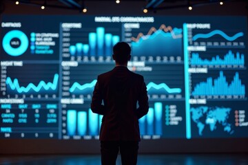 Image of data analyst with huge, interactive KPI dashboard projected on wall and surrounded by real-time analytics and flowing data streams.