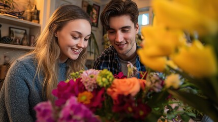 Happy couple enjoying flower arrangement in cozy indoor setting
