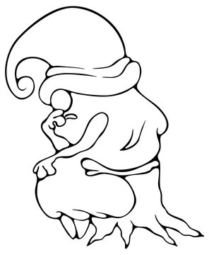Gnome posing a famous art character, Rodin's thinker, black outline illustration isolated on transparent background