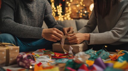 Cozy Moment of Gift Wrapping Together During Holiday Season