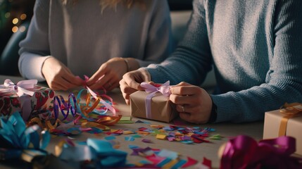 Creative Gift Wrapping Session with Colorful Ribbons and Paper