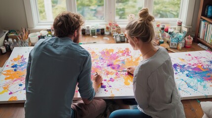 Creative Couple Collaborating on Colorful Abstract Art Piece