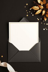 Envelope holding a card with gold trim confetti gold leaves ribbon on a black background