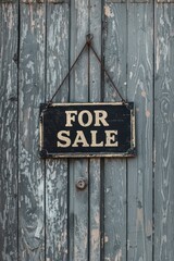 Distressed For Sale sign hangs on a weathered blue wooden door