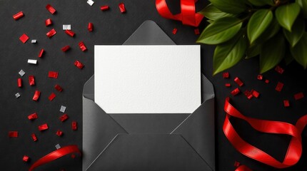 Envelope with card surrounded by ribbon confetti and plant leaves on a black background