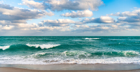 Horizon with sea cloudy sky. Calm horizon at sea. Romantic summer vacation seascape. Seascape horizon paradise. Sea sunrise on ocean beach. Sunset seascape at summer vacation. Calm sea