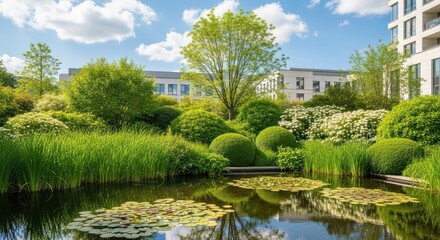 Serene pond and manicured garden with modern building