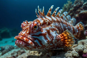 Close-up of scorpion fish head in Red Sea glowing under sunlight