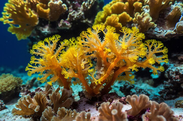 Close-up of yellow soft coral polyps in vibrant underwater scene
