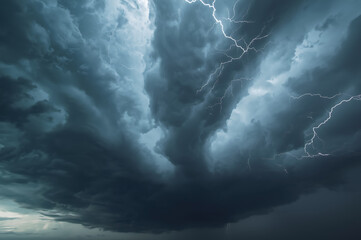 Intense dramatic storm clouds with lightning and heavy rain