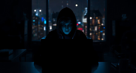 Hacker stealing digital wallet in dark room with neon cityscape