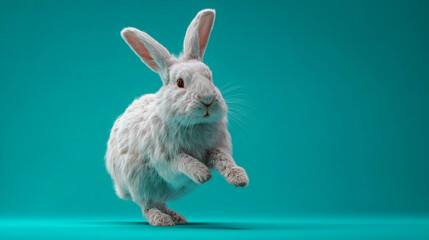 Obraz premium White rabbit jumps in a bright background