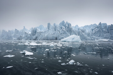 Majestic glacier formations with intricate icy textures under soft morning light