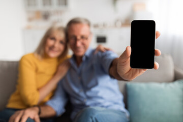 A cheerful older couple sits together on a couch, smiling and holding up a smartphone while enjoying their time at home in a comfortable living room setting.
