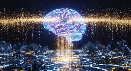 Digital Brain Network with Glowing Particles and Circuits