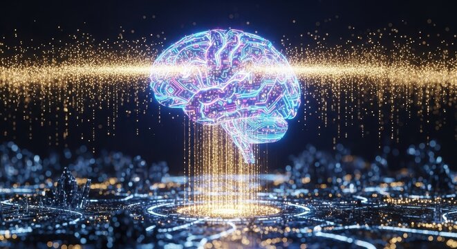 Digital Brain Network with Glowing Particles and Circuits - Powered by Adobe