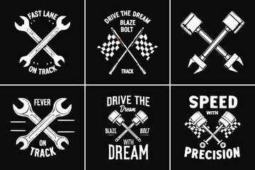 Racing mechanic badge set with crossed tools pistons and checkered flags in bold monochrome motorsport emblem style