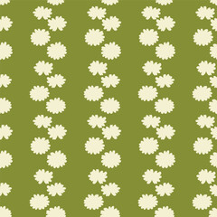 Seamless vector pattern with small chamomile flowers on a green background. Ideal for fabric, packaging, wallpaper, stationery, and decor.