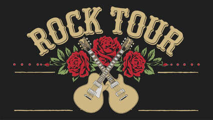 Vintage rock tour emblem with crossed electric guitars and red rose illustration on dark background