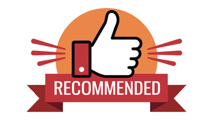 Recommended badge with thumbs up icon and ribbon banner in bold flat graphic style