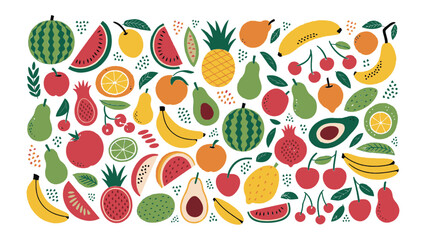 Bright assorted fruit pattern with colourful tropical produce and playful hand-drawn botanical elements