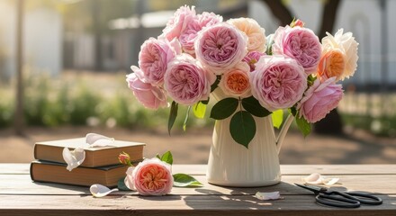 Pink roses bouquet with books and scissors