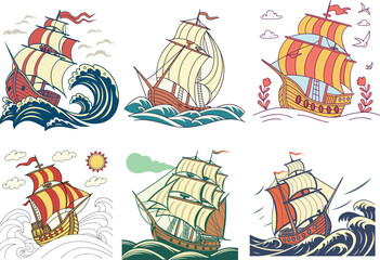 Vintage sailing ship vector illustration Colorful 