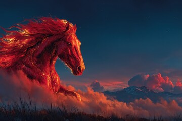Vibrant red horse representing the Chinese New Year of the Fire Horse in 2026 galloping through a mystical sunset landscape