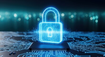 Digital padlock on circuit board, cyber security concept